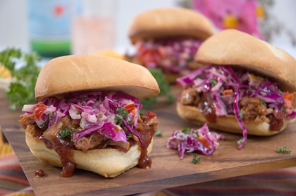 Pulled Pork Sandwiches with Kona Coast Aloha Sweet Onion Sauce and Garlicky Buns