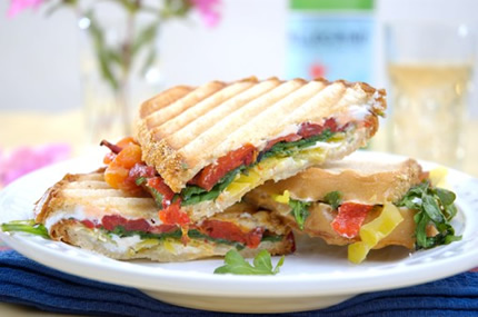 Roasted Red Pepper, Goat Cheese and baby Arugula Paninis